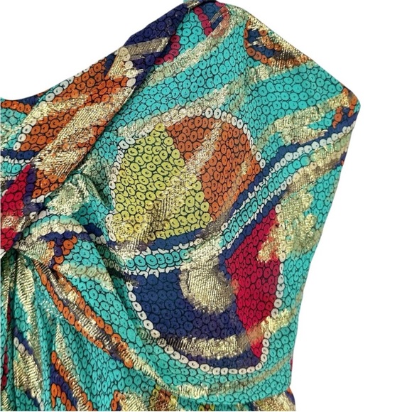 Nicole Miller Teal & Gold Embellished Silk Formal Evening Dress - Picture 4 of 8